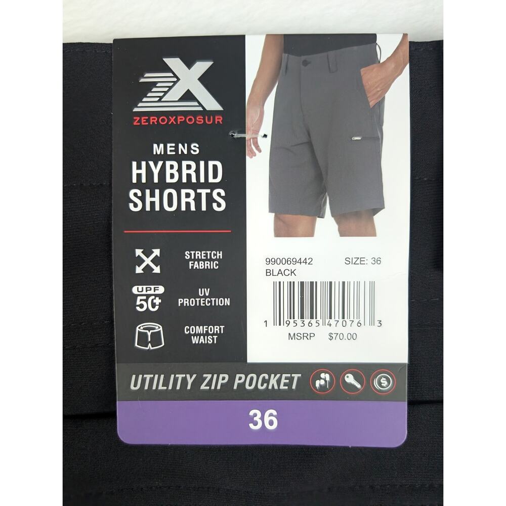 ZeroXposur Hybrid Shorts Mens 36 Black Utility Zip Pocket 4-Way Stretch UPF 50+